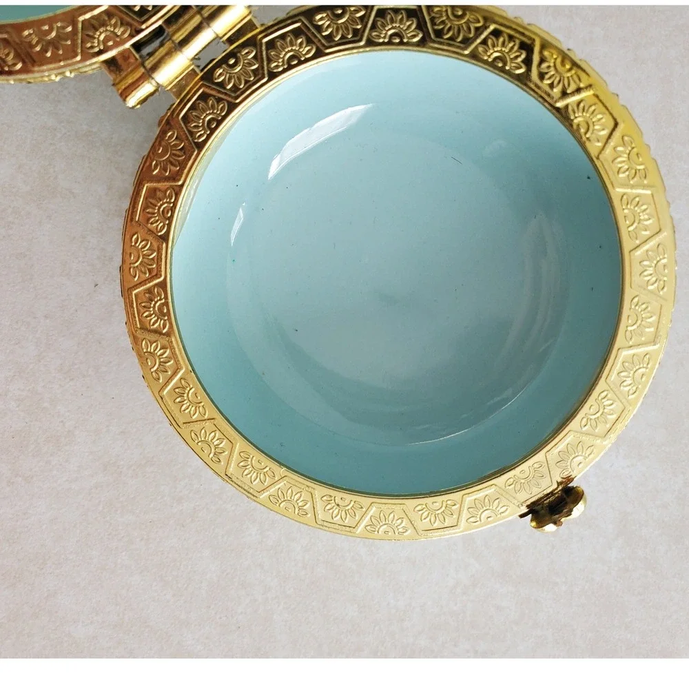 Ceramic Macaron Trinket Box Light Blue Gold Heart Clasp Decorative 2.25in